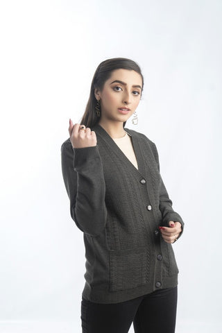 Women's V-Neck Merino Wool Blend Full Sleeves Cardigan Sweater Dark Grey