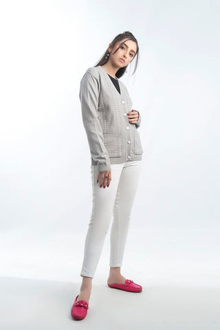 Women's V-Neck Merino Wool Blend Full Sleeves Cardigan Sweater Light Grey