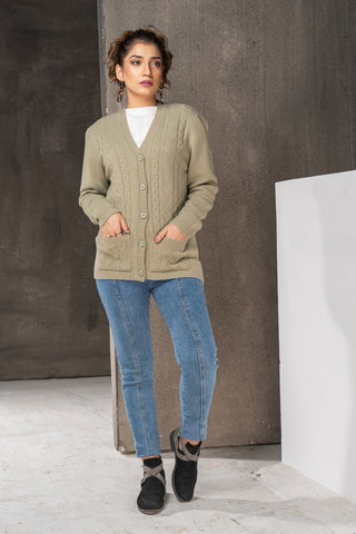 Women's V-Neck Merino Wool Blend Full Sleeves Cardigan Sweater Light Olive