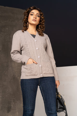Women's V-Neck Merino Wool Blend Full Sleeves Cardigan Sweater Bisque