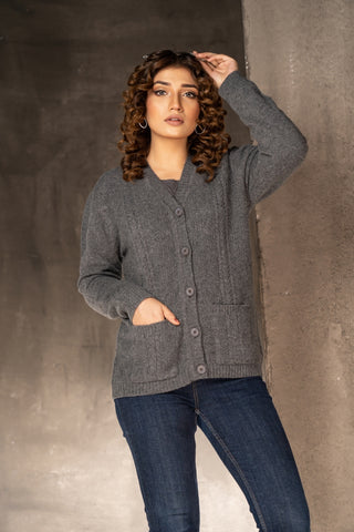 Women's V-Neck Merino Wool Blend Full Sleeves Cardigan Sweater Dark Grey