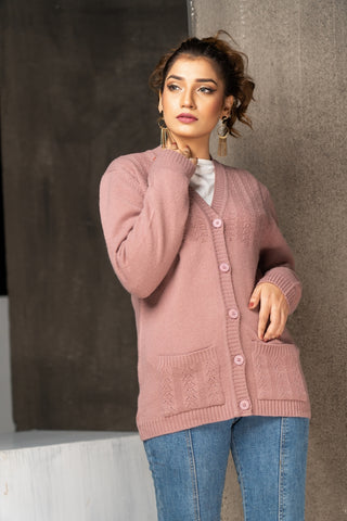 Picture of Raja Sahib - Women's V-Neck Merino Wool Blend Full Sleeves Cardigan Sweater Misty Rose - Available at Raja Sahib