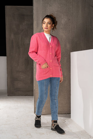 Women's V-Neck Merino Wool Blend Full Sleeves Cardigan Sweater Light Pink