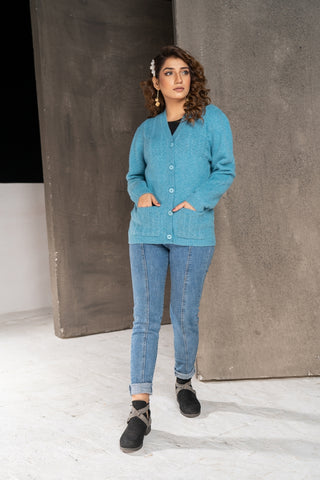 Women's V-Neck Merino Wool Blend Full Sleeves Cardigan Sweater Deep Sky Blue