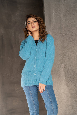 Women's V-Neck Merino Wool Blend Full Sleeves Cardigan Sweater Deep Sky Blue