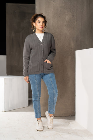 Picture of Raja Sahib - Women's V-Neck Merino Wool Blend Full Sleeves Cardigan Sweater Dark Grey - Available at Raja Sahib