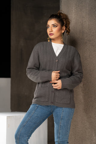 Picture of Raja Sahib - Women's V-Neck Merino Wool Blend Full Sleeves Cardigan Sweater Dark Grey - Available at Raja Sahib