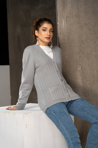 Women's V-Neck Merino Wool Blend Full Sleeves Cardigan Sweater Light Grey