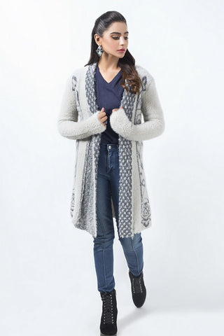 Women's Round-Neck Merino Wool Blend Full Sleeves Cardigan Sweater Light Grey