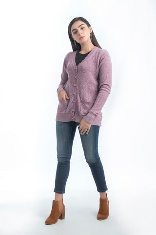 Women's V-Neck Merino Wool Blend Full Sleeves Cardigan Sweater Light Purple