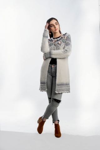 Picture of Raja Sahib - Women's Round-Neck Merino Wool Blend Full Sleeves Cardigan Sweater Grey - Available at Raja Sahib