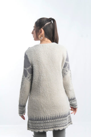 Women's Round-Neck Merino Wool Blend Full Sleeves Cardigan Sweater Grey