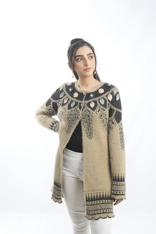 Women's Round-Neck Merino Wool Blend Full Sleeves Cardigan Sweater Skin