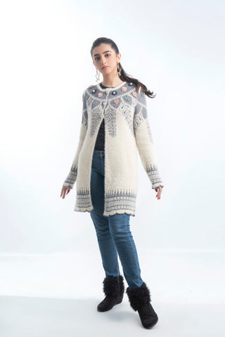 Picture of Raja Sahib - Women's Round-Neck Merino Wool Blend Full Sleeves Cardigan Sweater Off White - Available at Raja Sahib