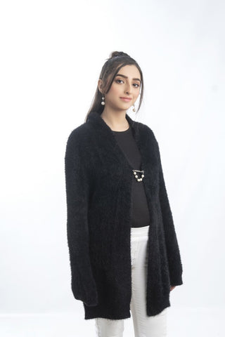 Picture of Raja Sahib - Women's V-Neck Merino Wool Blend Full Sleeves Cardigan Sweater Black - Available at Raja Sahib