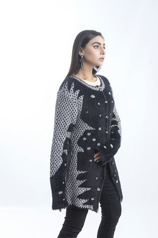 Women's Round-Neck Merino Wool Blend Full Sleeves Cardigan Sweater Black