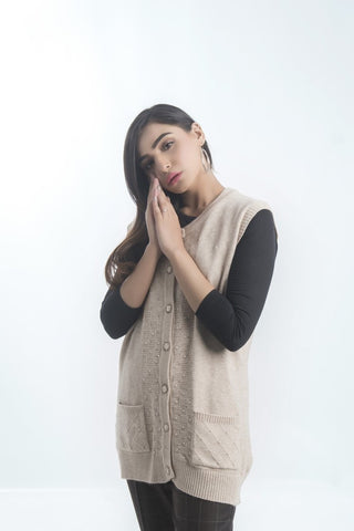 Picture of Raja Sahib - Women's Round-Neck Merino Wool Blend Sleeveless Cardigan Sweater Skin - Available at Raja Sahib