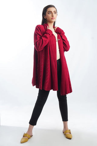 Women's V-Neck Merino Wool Blend Full Sleeves Cardigan Sweater Maroon