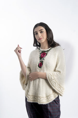 Picture of Raja Sahib - Women's Round-Neck Merino Wool Blend Short Sleeves Cardigan Sweater Off White - Available at Raja Sahib