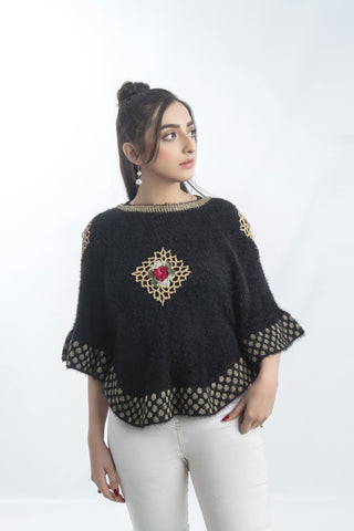 Picture of Raja Sahib - Women's Round-Neck Merino Wool Blend Short Sleeves Cardigan Sweater Black - Available at Raja Sahib