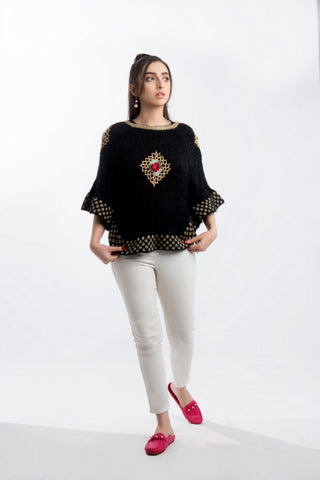 Picture of Raja Sahib - Women's Round-Neck Merino Wool Blend Short Sleeves Cardigan Sweater Black - Available at Raja Sahib