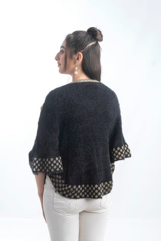 Picture of Raja Sahib - Women's Round-Neck Merino Wool Blend Short Sleeves Cardigan Sweater Black - Available at Raja Sahib