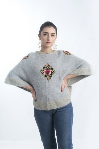 Picture of Women's Round-Neck Merino Wool Blend Short Sleeves Cardigan Sweater Grey - Available at Raja Sahib