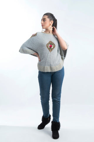 Picture of Women's Round-Neck Merino Wool Blend Short Sleeves Cardigan Sweater Grey - Available at Raja Sahib