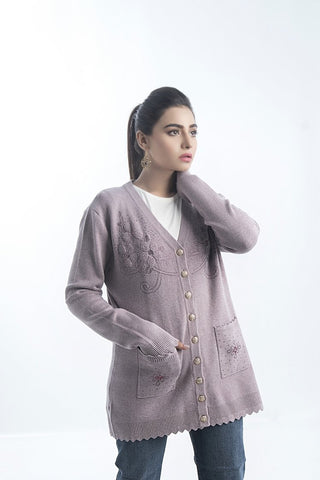 Picture of Raja Sahib - Women's V-Neck Merino Wool Blend Full Sleeves Cardigan Sweater Light Purple - Available at Raja Sahib