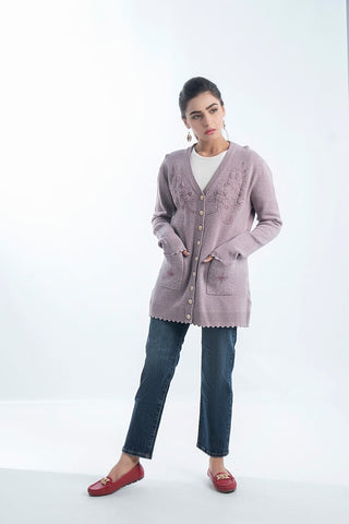 Women's V-Neck Merino Wool Blend Full Sleeves Cardigan Sweater Light Purple