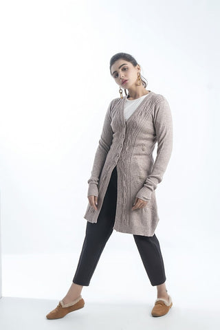 Women's V-Neck Merino Wool Blend Full Sleeves Cardigan Sweater Beige
