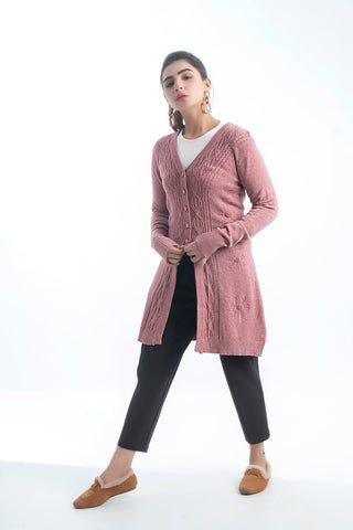 Women's V-Neck Merino Wool Blend Full Sleeves Cardigan Sweater Misty Rose