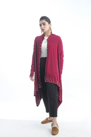 Picture of Raja Sahib - Women's V-Neck Merino Wool Blend Full Sleeves Cardigan Sweater Maroon - Available at Raja Sahib