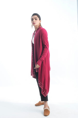 Picture of Raja Sahib - Women's V-Neck Merino Wool Blend Full Sleeves Cardigan Sweater Maroon - Available at Raja Sahib