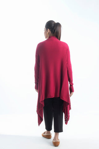 Picture of Raja Sahib - Women's V-Neck Merino Wool Blend Full Sleeves Cardigan Sweater Maroon - Available at Raja Sahib