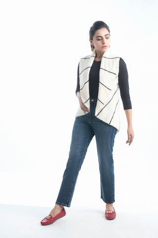 Picture of Women's Turtle Neck Merino Wool Blend Sleeveless Cardigan Sweater White - Available at Raja Sahib