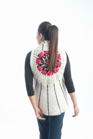 Women's Turtle Neck Merino Wool Blend Sleeveless Cardigan Sweater White