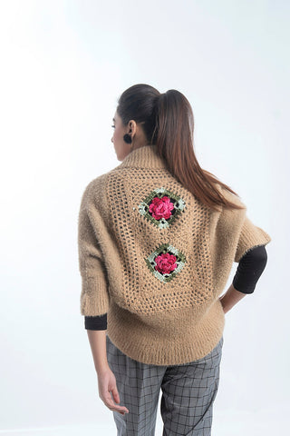 Women's Turtle Neck Merino Wool Blend Short Sleeves Cardigan Sweater Camel