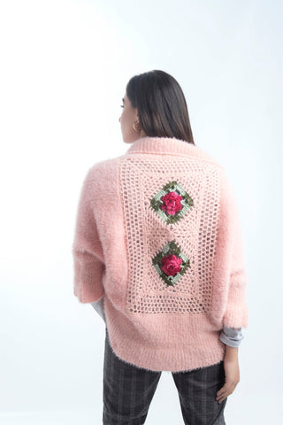 Women's Turtle Neck Merino Wool Blend Short Sleeves Cardigan Sweater Light Pink