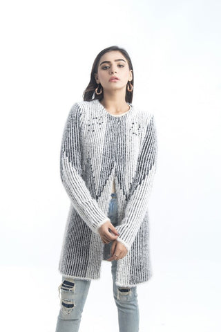 Women's Round-Neck Merino Wool Blend Full Sleeves Cardigan Sweater Off White