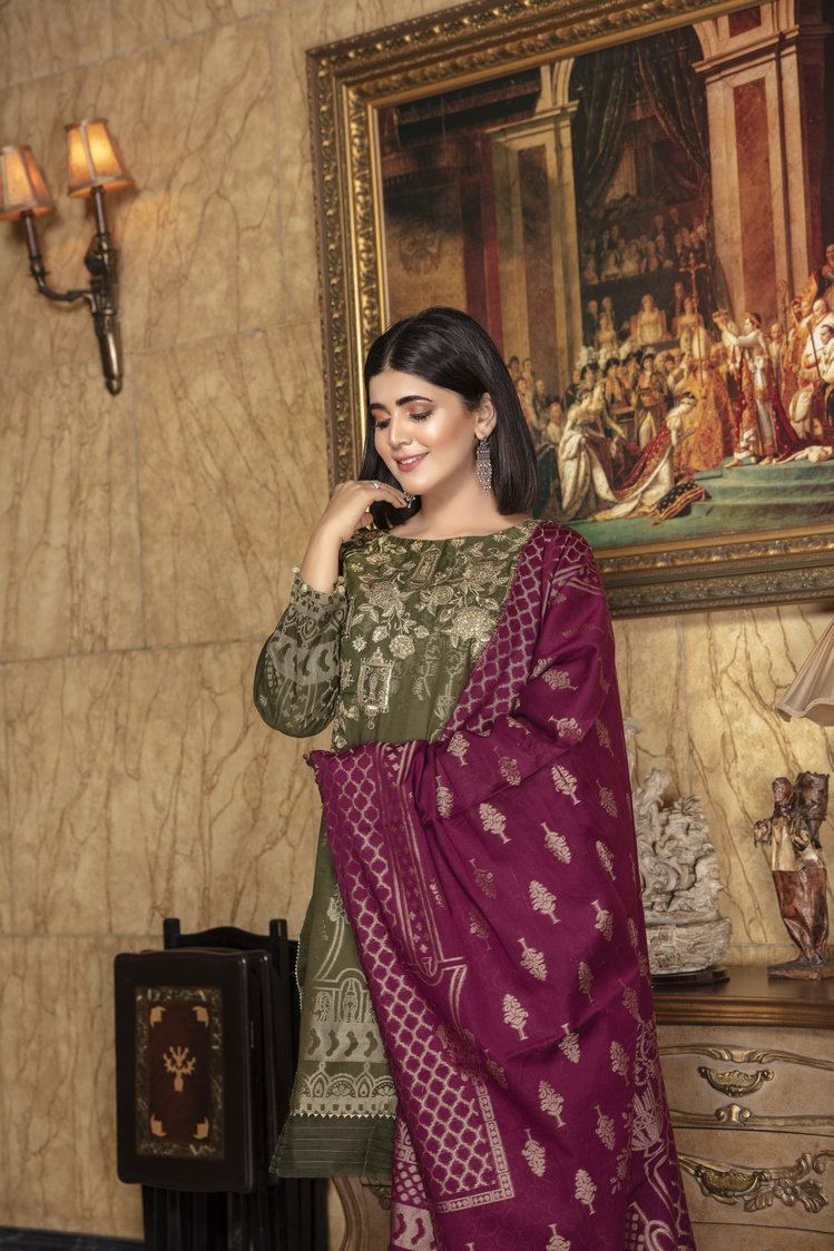 Picture of Ellena - Embroidered Jacquard Shirt & Duppata - Available at Raja Sahib