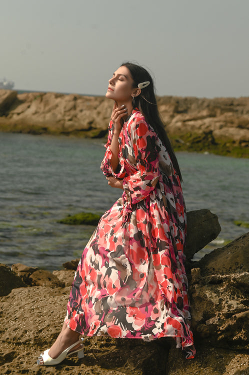 Picture of Ellena - Floral Print Chiffon Dress - Available at Raja Sahib