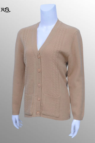 Women's V-Neck Merino Wool Blend Full Sleeves Cardigan Sweater Camel