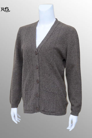Women's V-Neck Merino Wool Blend Full Sleeves Cardigan Sweater Brown