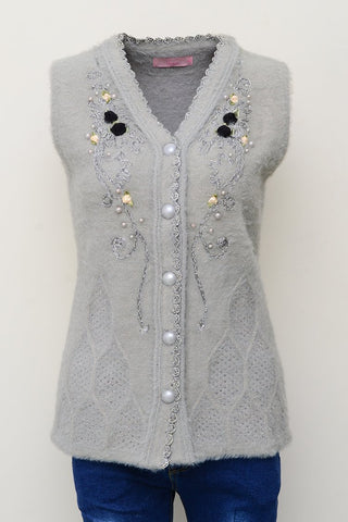 Women's V-Neck Merino Wool Blend Sleeveless Cardigan Sweater Grey