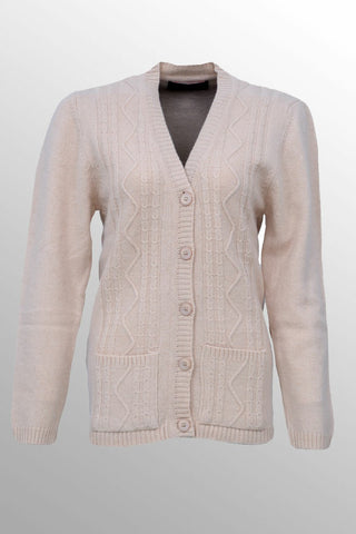 Women's V-Neck Merino Wool Blend Full Sleeves Cardigan Sweater Cream
