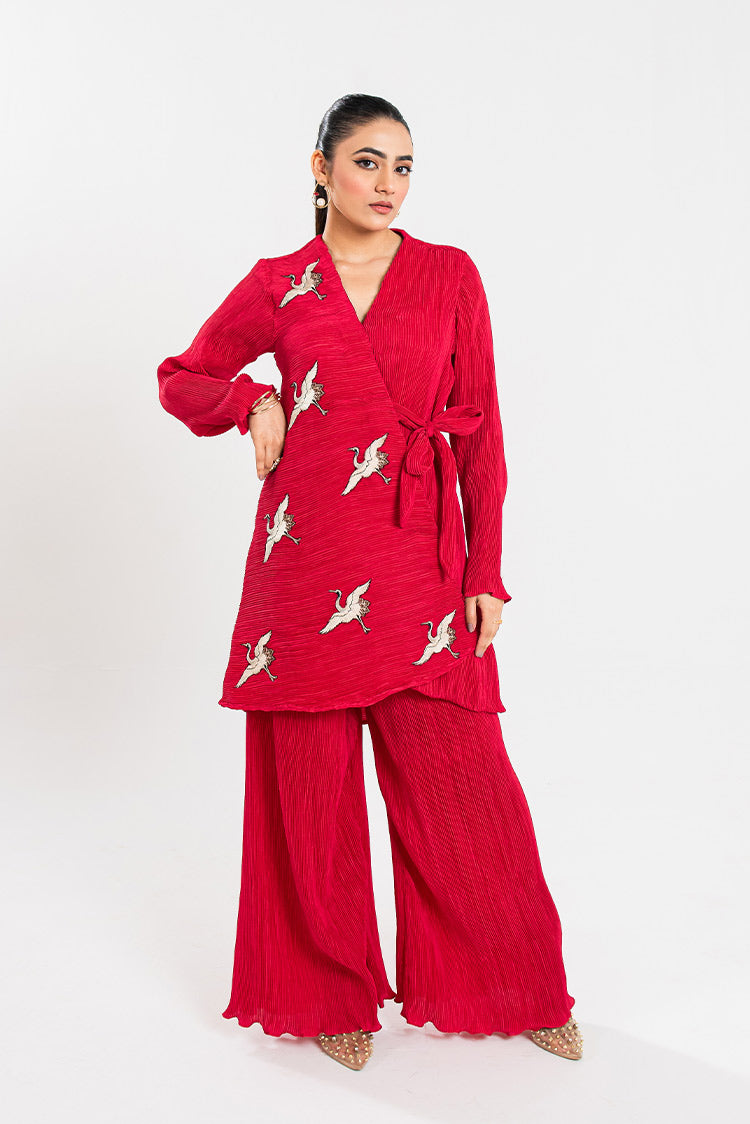 Picture of Maria Osama Khan - Claire Pleated Silk Collection - Scarlet - Available at Raja Sahib