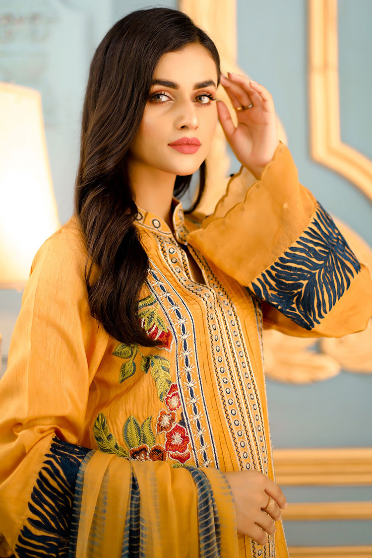 Picture of Shanyera - D2-Mustard Radiance Aria Winter Pret Collection - Available at Raja Sahib