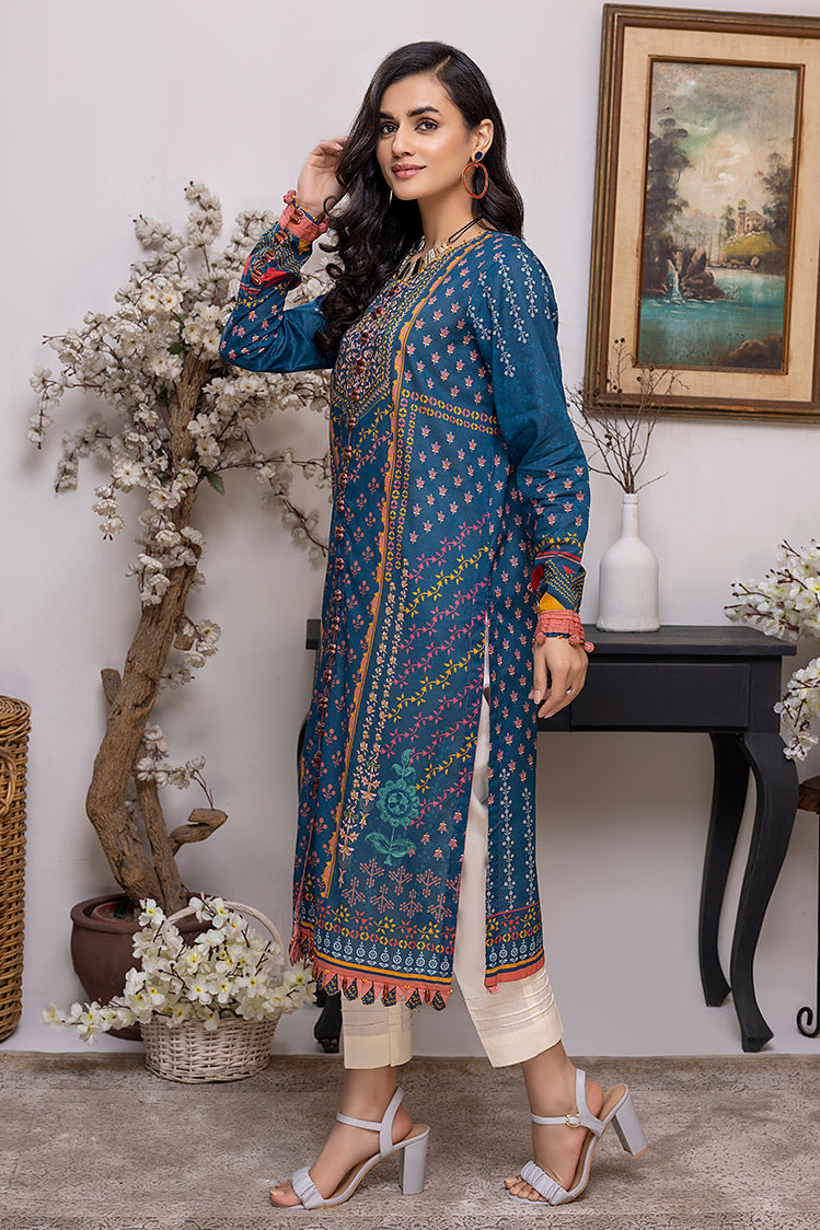 Picture of Ellena - EY-06 Peacock Blue Digital Printed Lawn Jacquard Kurti Collection Vol-1 - Available at Raja Sahib