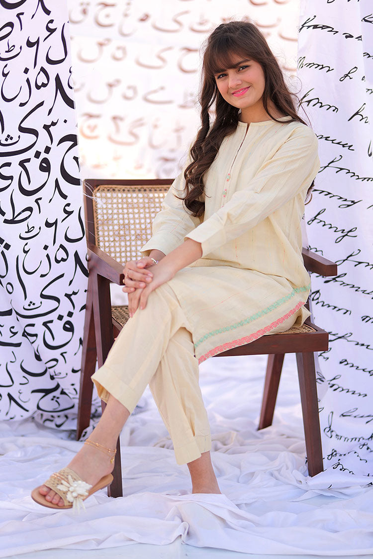 Picture of Senorita - GAC-02223 | Cream & Multicolor | Casual 2 Piece Suit  | Cotton Yarn dyed - Available at Raja Sahib